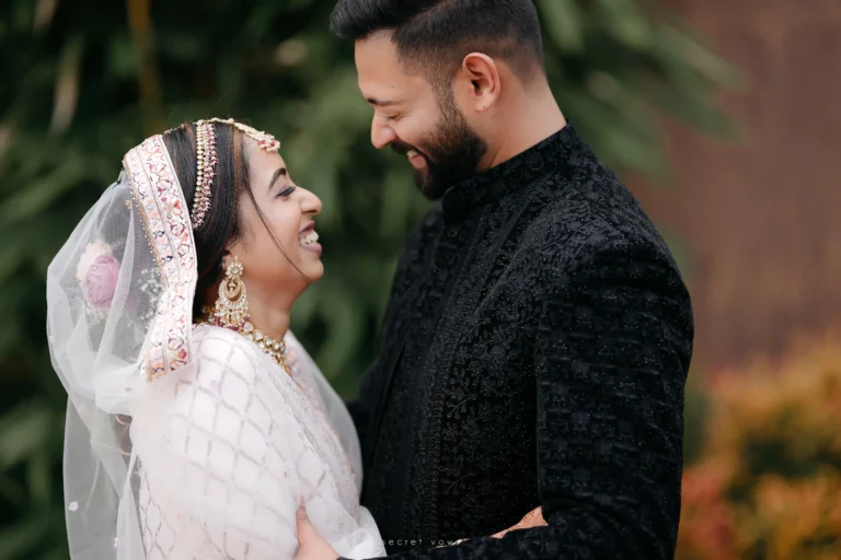 Romantic outdoor photo of couple smiling